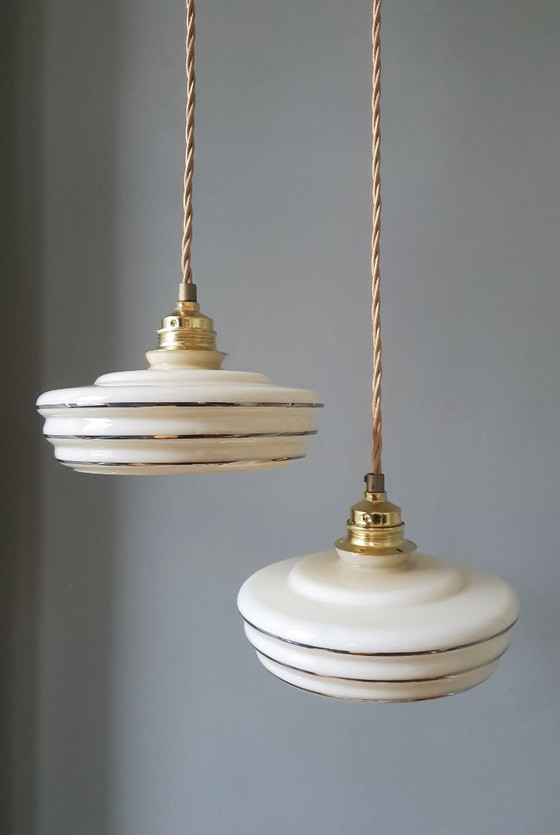 Image 1 of Set of 2 vintage pendant lamps made of opaline glass.