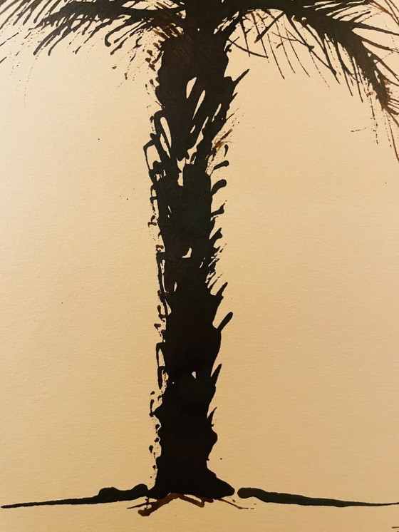 Image 1 of Acuarela monocromática firmada "Palmera al atardecer"