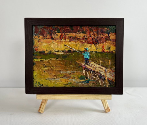 Original Oil Painting Autumn River Landscape The Lonely Fisherman