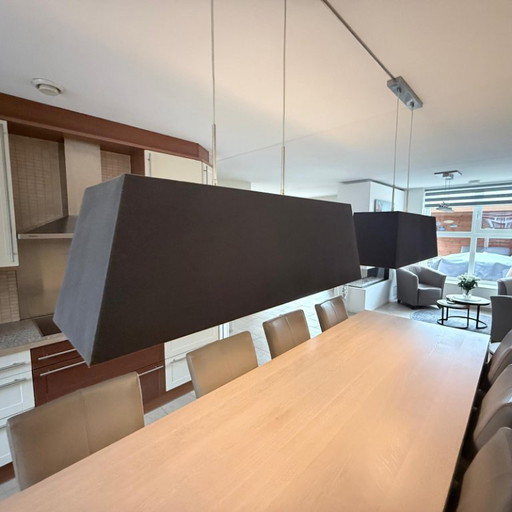 Ensemble de table à manger avec table 300x100cm, 8 chaises et 2 lampes, également vendu séparément