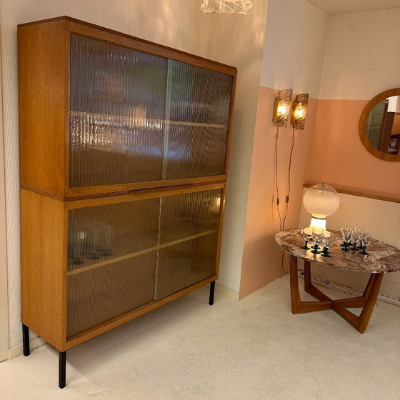 Image 1 of Tall glass display case from the 1960s with ribbed glass