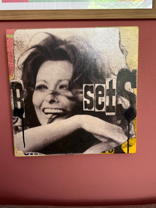 Dipinto a tecnica mista di Jörg Döring, "Sophia Loren", 40 x 40 cm (combinazione di serigrafia fatta a mano e pittura – kunst