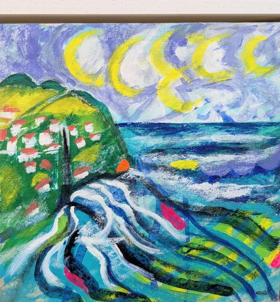 Image 1 of LYNMOUTH EXMOOR SEASCAPE CANVAS PAINTING SIGNED SEA COAST NIGEL WATERS FRAMED