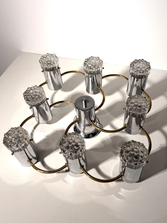 Vintage Duitse kroonluchter uit het ruimtetijdperk met 8 lampen, chroom en messing – jaren 70 – Glass (photo 5 of 5)