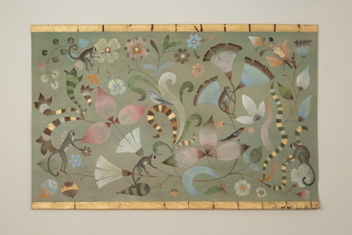 Contemporary painted canvas with a decoration of lemurs, birds and flowers.