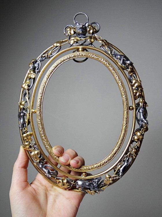 Image 1 of Antiker Jugendstil-Wandrahmen, spätes 19. Jahrhundert, Jagdszene, durchbrochenes Relief, Metall