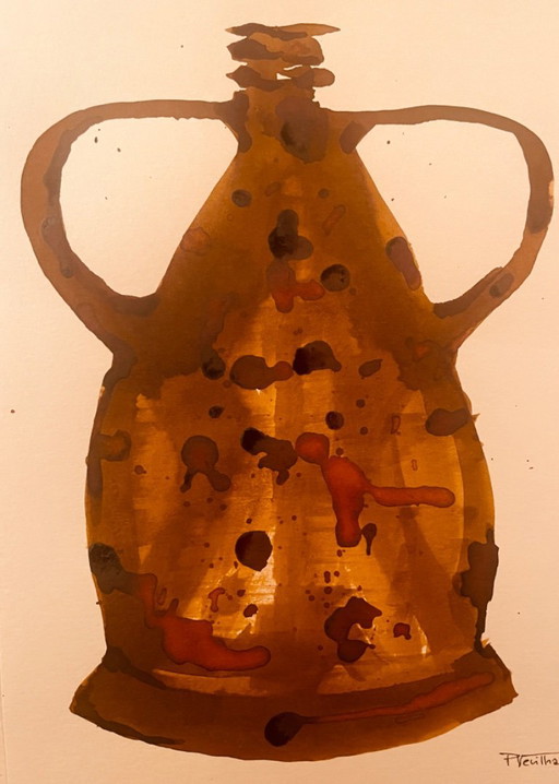 Tableau signé aquarelle et encre Vase Wabi Sabi Marrakech 