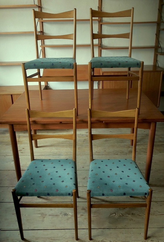 Image 1 of Juego de cuatro sillas de comedor de mediados de siglo con fundas turquesas, 1960
