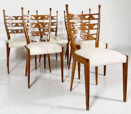 Ensemble de 6 chaises, bois de cerisier et tissu bouclé, Italie, années 1940 - Nouveau rembourrage