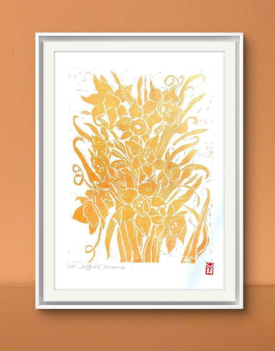Image 1 of Daffodils – A3 Handmade Linocut Print