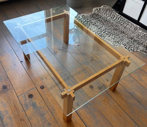 Table basse rectangulaire italienne vintage de style Fontana Arte, en bois et en verre, datant des années 1970.