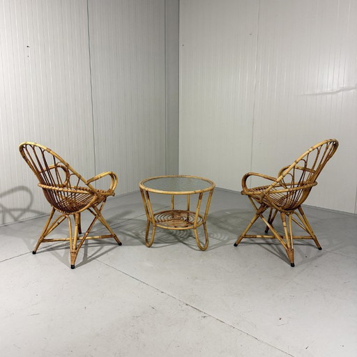 Fauteuils et table en rotin Rohé Noordwolde 1960