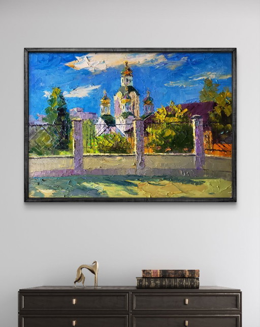 Origineel olieverfschilderij: Stadsgezicht, Tempel, Zonnige Dag van de Kerk