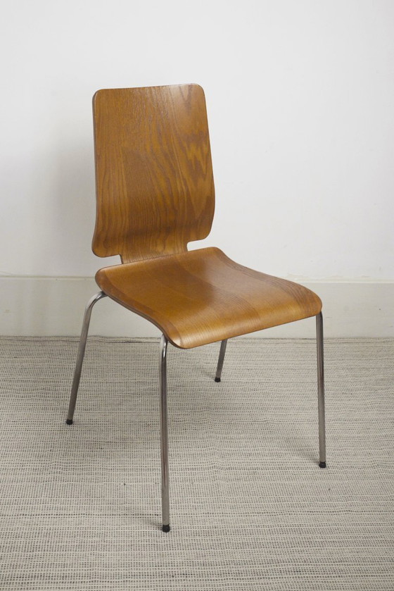 Image 1 of Chaises IKEA Gilbert en teck vintage, ensemble de 6 chaises de salle à manger empilables en contreplaqué de teck, style scandina
