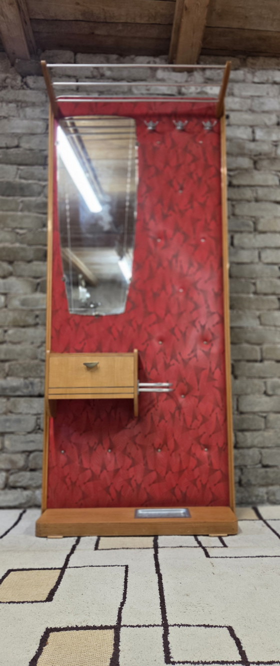 Image 1 of Vintage 1950s/60s Wall-Mounted Coat Rack – Red and Wood Rockabilly Design Cloakroom