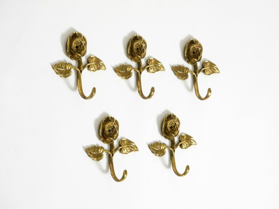 Image 1 of Set of five beautiful, solid mid-century brass rose wall coat hooks