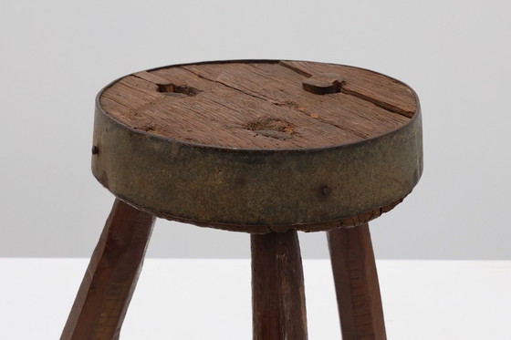 Image 1 of Brutalist French Solid Oak Tripod Stool with Metal Rim, 1850s