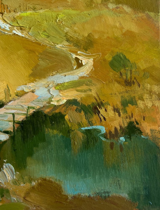 Image 1 of Origineel olieverfschilderij: Dorpsbrug, Landschapspad langs het dorp