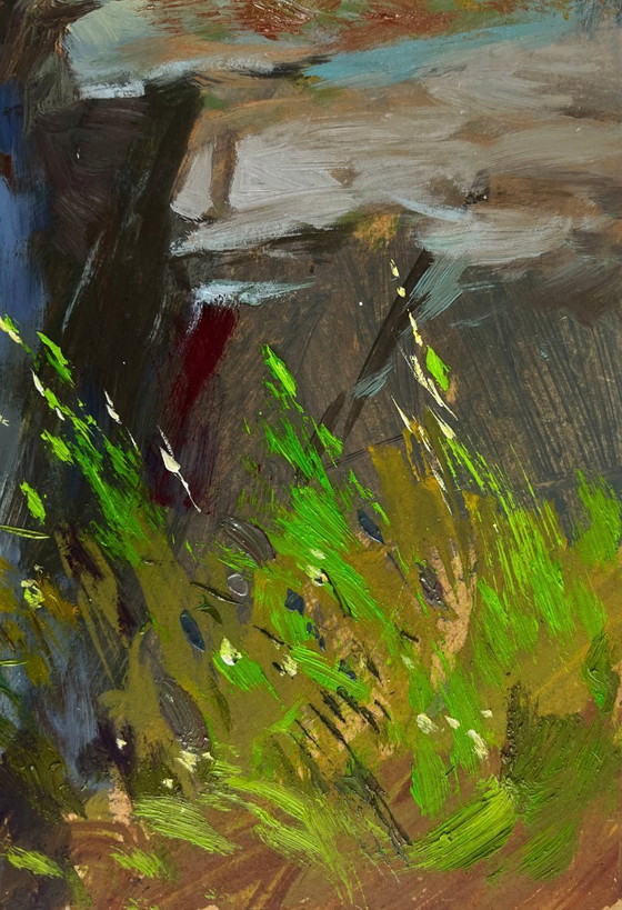 Image 1 of Original Oil Painting Summer Nature Landscape Mountain waterfall