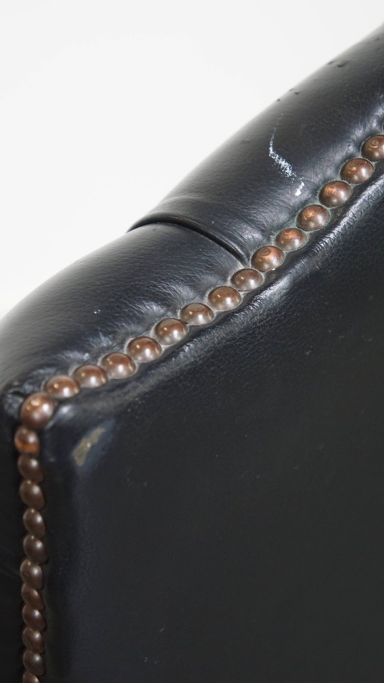 Image 1 of Dark blue/ black cowhide leather chesterfield office chair on wheels