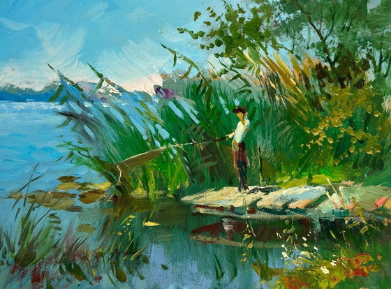 Image 1 of Original Oil Painting Coastal River Landscape Good fishing catch