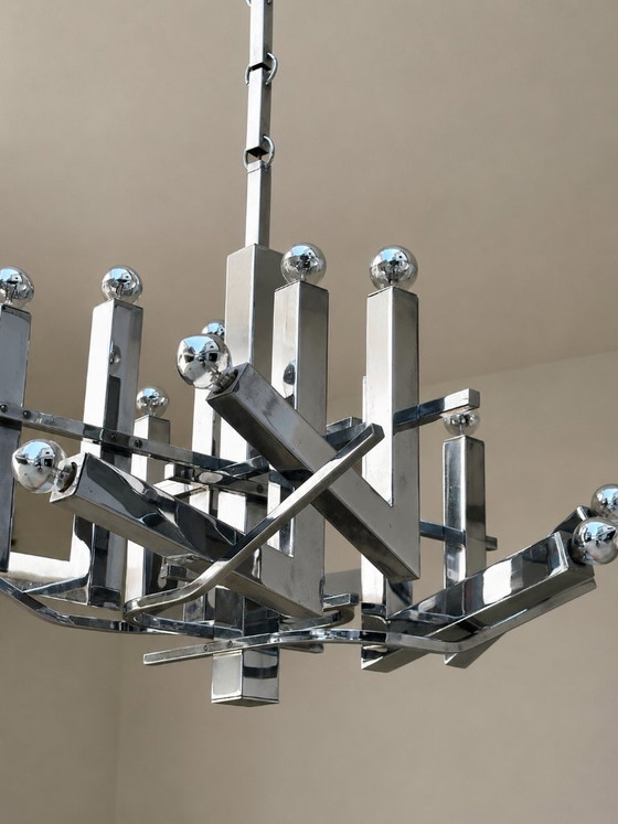 Impressive Sculptural 16-Light Chrome Chandelier — Gaetano Sciolari — Italy, 1970s – Pendant lamps, Metal (photo 4 of 6)