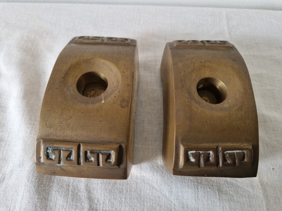Image 1 of Portacandele brutalisti di metà secolo - Ottone/Bronzo massiccio - Anni '60/'70 (Set di 2) - Design scandinavo