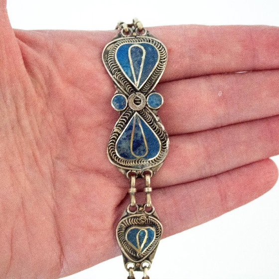 Image 1 of Boho Vintage Bracelet with Links and Lapis Lazuli Inlay: Set in Tibetan silver