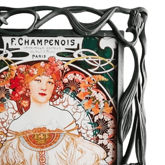 Image 1 of Vintage Art Nouveau Alphonse Mucha painting Champenois floral photo frame metal
