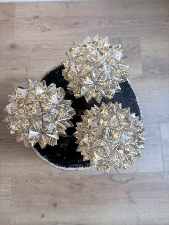 Image 1 of Set van 3 Vintage Glazen Plafondlampen / Kappen – Kristallook (Jaren 60)