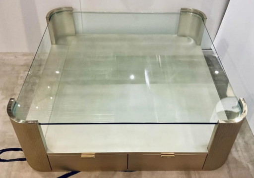 Caracole Modern Champagne Silver Square Coffee Table with Fluted Design, Large Contemporary Cocktail Table for Living Room