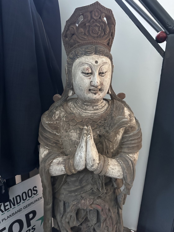 Image 1 of Monumentale, handgeschnitzte chinesische/südostasiatische Tempelstatue aus Holz – Polychromie – 128 cm (Guanyin/Bodhisattva)