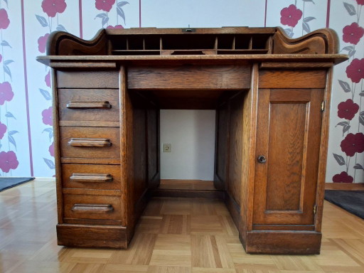 Scrivania antica in rovere con piano a rullo – completamente funzionale con chiave