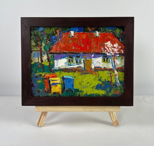 Original Oil Painting Summer Village Landscape Near the house - a life of its own