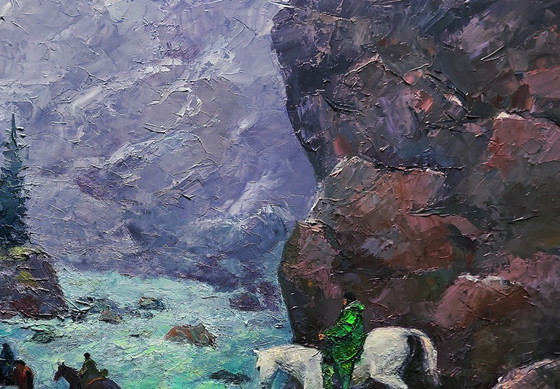 Image 1 of Dipinto ad olio originale: Paesaggio naturale, rocce, cavalli, torrente pericoloso tra le montagne.