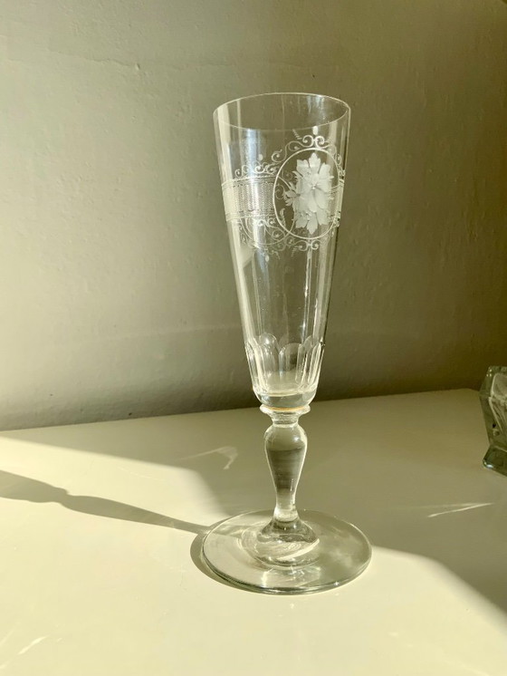 Image 1 of Bicchiere da vino/champagne in cristallo antico inciso a mano - Monogrammato - Circa 1900