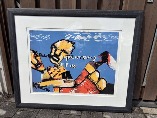 Gerahmter Siebdruck von Herman Brood „Great Balls Of Fire“ – lithos zeefdrukken, Other, Glass