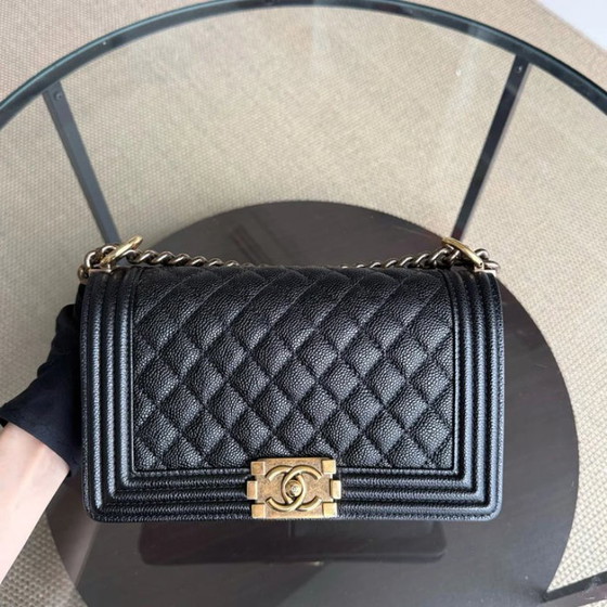 Image 1 of Chanel Boy Medium - Caviar 25CM Quilted Grained Calfskin Black Gold Hardware Series 19