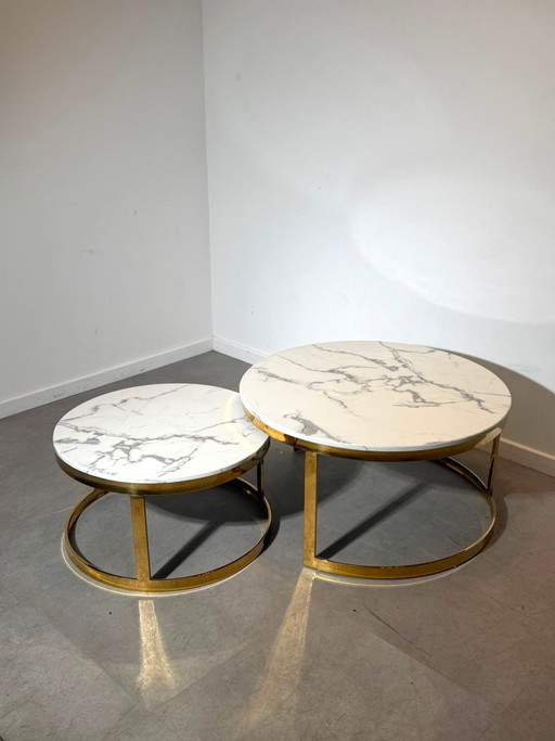 Set of Two Round Marble Look Coffee Tables – salontafels, Wood