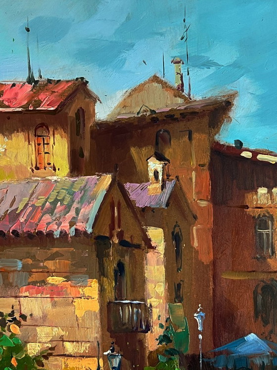 Image 1 of Peinture à l'huile originale représentant un paysage urbain et une architecture. Une promenade dans les rues de Venise.