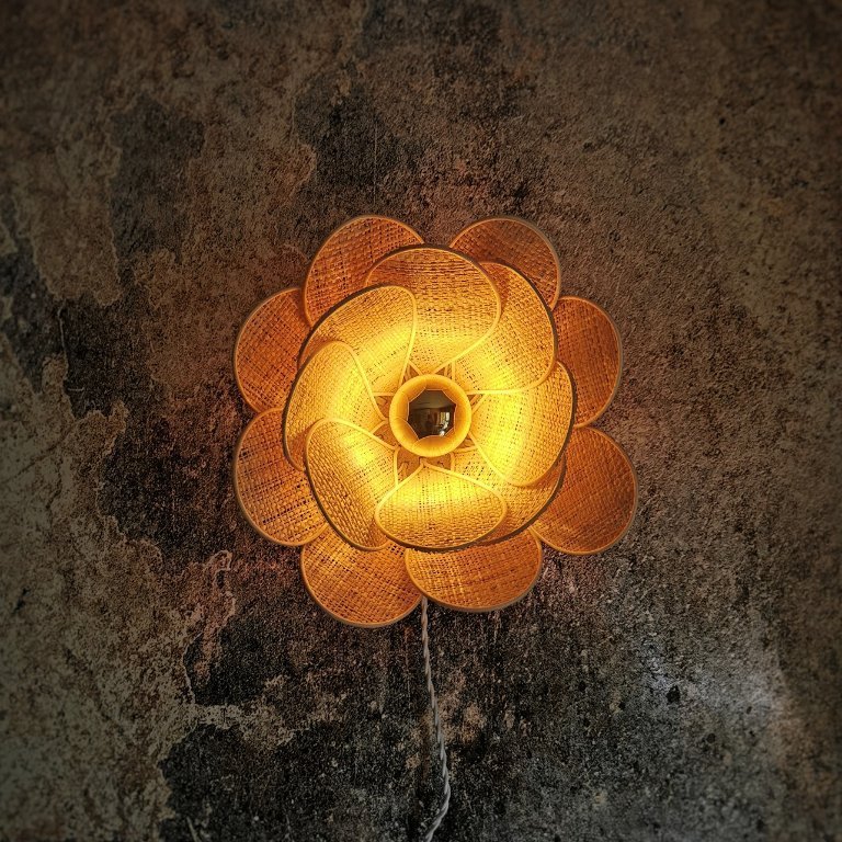 Flower wall lamp, Nénuphar model, 16 petals in rattan and linen