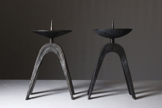 Image 1 of Pair of wrought iron candlestick holders, brutalist modernist design, 1950s