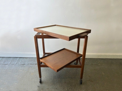 Mid Century Vintage Teak Drinks Trolley Bar Cart Removable Trays 1960s – serveerwagens, Wood (photo 2 of 7)
