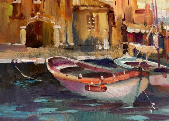 Image 1 of Original Oil Painting Coastal City Landscape The sun is sinking into the sea