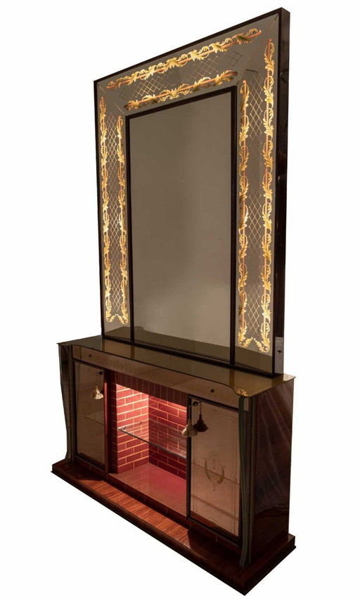 Luigi Brusotti Mid-Century Modern Italian Bar Cabinet with Decorated Mirror, 40s