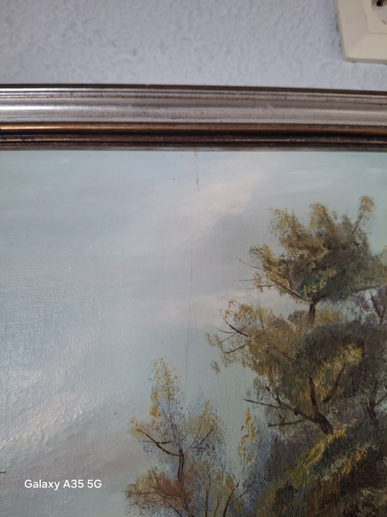 Image 1 of Oud olieverfschilderij, winterlandschap / schaatsers, gesigneerd Hoffmann, met lijst.