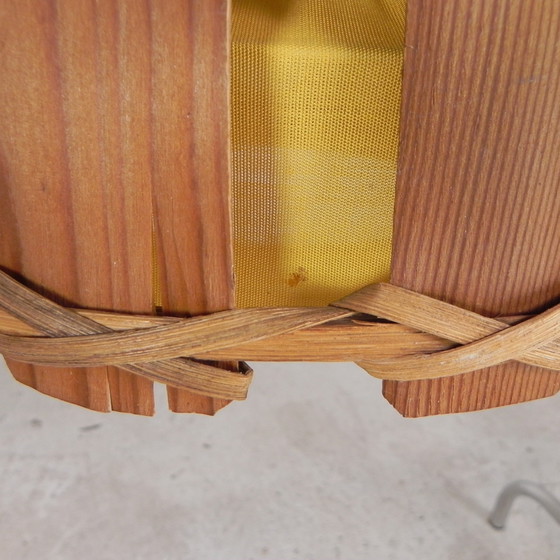 Image 1 of Lampada a sospensione vintage con paralume in rattan, foglia di palma e tessuto, anni '70