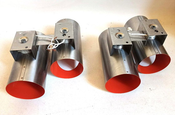 Image 1 of Paar doppelte orangefarbene Oxar Space Age Wandleuchten, 1970er Jahre