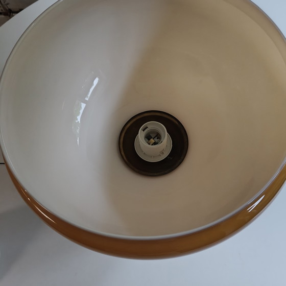 Image 1 of Suspension vintage des années 70 en verre opalin ocre moutarde – recâblée