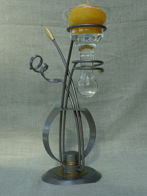 Image 1 of Portacandele vintage in metallo in vetro a goccia MCM Art Deco